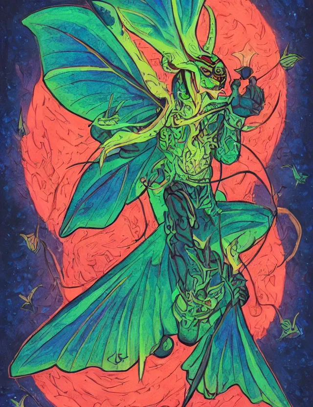 Prompt: luna moth sorcerer. this heavily stylized gouache painting by the indie comic artist has interesting color contrasts, plenty of details and impeccable lighting.
