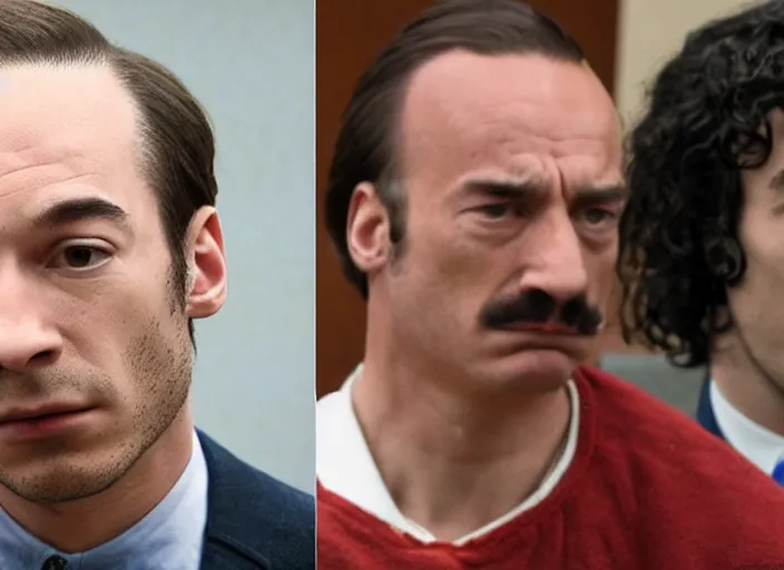 Image similar to Saul Goodman defending Ezra Miller in court, photography, realistic faces, detailed