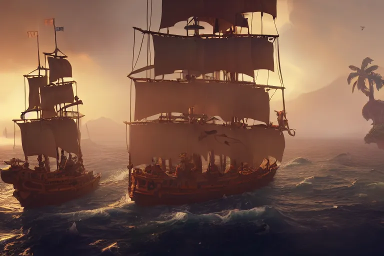 Image similar to gameplay screenshot of a parrot on a pirate ship, sea of thieves, unreal engine digital painting, volumetric light, intricate, sharp, focus, bloom, illustration, highly detailed, concept art, matte, ruan jia, randy vargas, greg rutkowski