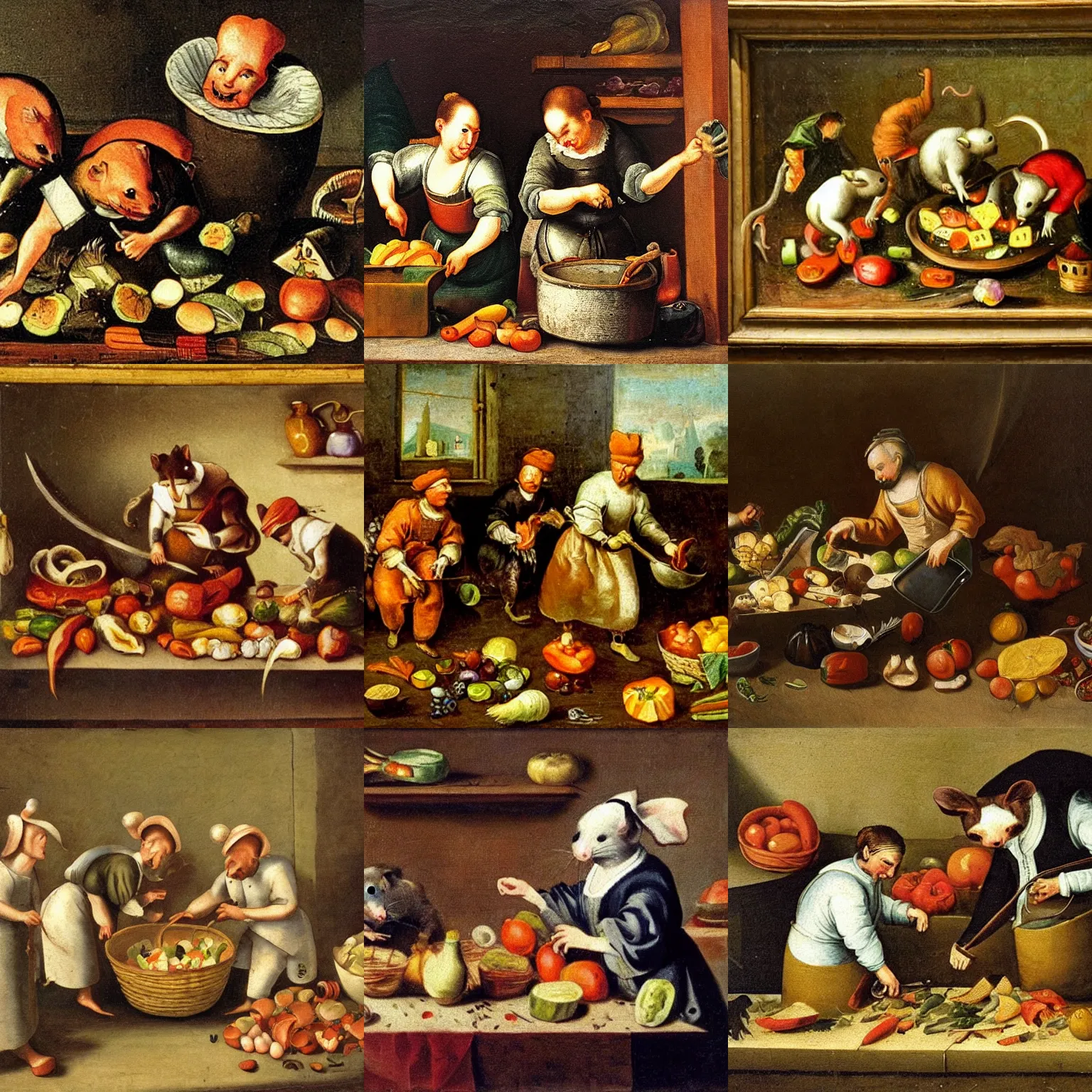 Prompt: rats chopping vegetables in the kitchen, 17th century oil painting