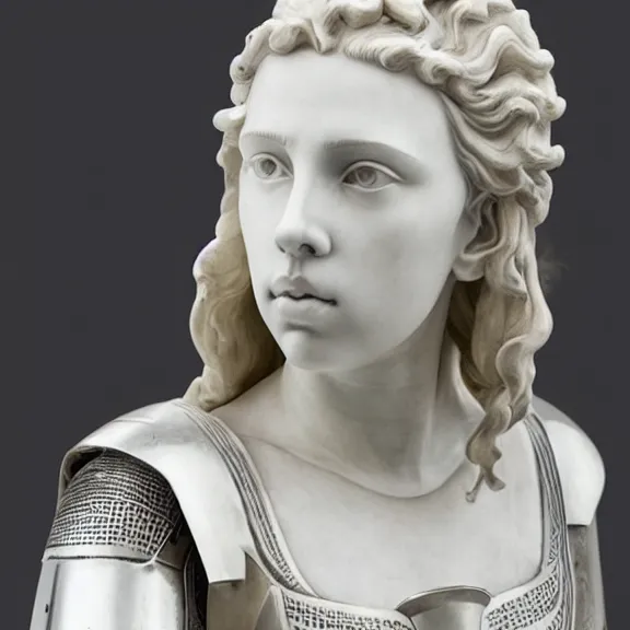Prompt: a white art nouveau marble and silver sculptural bust of a worried young scarlett johansson as joan of arc, wearing plate armor, delicate, intricate, smooth, beautiful, by charles van der stappen