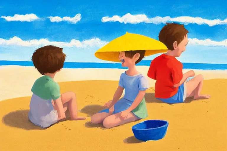 Image similar to Two happy children sitting on the beach making sandcastles, blue sky, HD, by Benji Davies