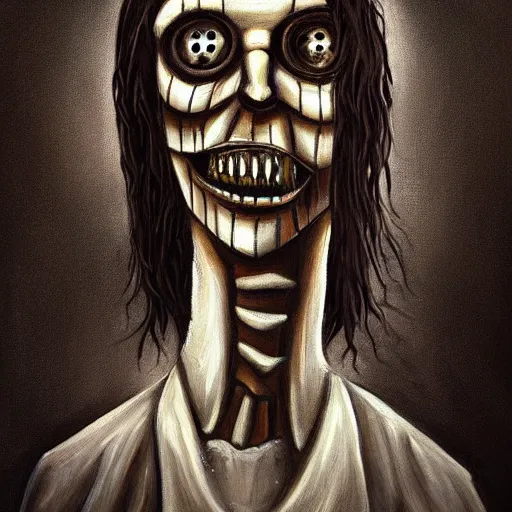 Image similar to beautiful painting of giant jeff the killer with a theatre embedded in its chest in the style of Welder Wings and H. R. Giger. Dark background, detailed, trending on Artstation