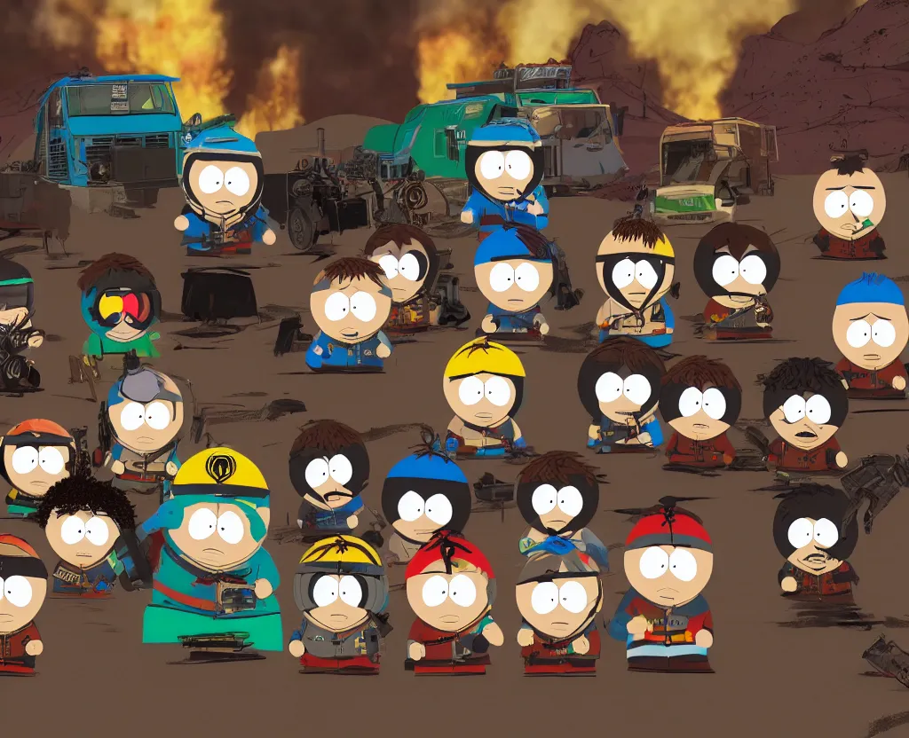 Prompt: South Park Fury Road, borderlands video game 4k render