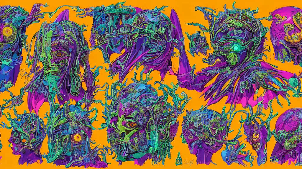 Image similar to colorful and vivid character sheet for an extraterrestrial with large bulbous head, religious robes, retrofuture, high contrast, wayne barlow, ernst haeckel, fantastic planet, moebius, valerian, coherent, illustration, digital art, trending on artstation, hd, 8 k, good lighting, beautiful, rough paper, masterpiece