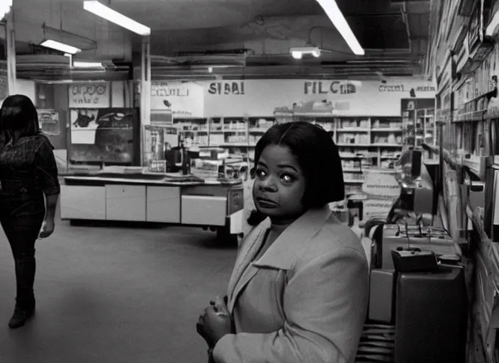 Image similar to cinematic shot of octavia spencer in an small used electronics store, iconic scene from the paranoid thriller sci fi film directed by stanley kubrick, anamorphic cinematography, beautiful composition, color theory, leading lines, photorealistic, volumetric lighting