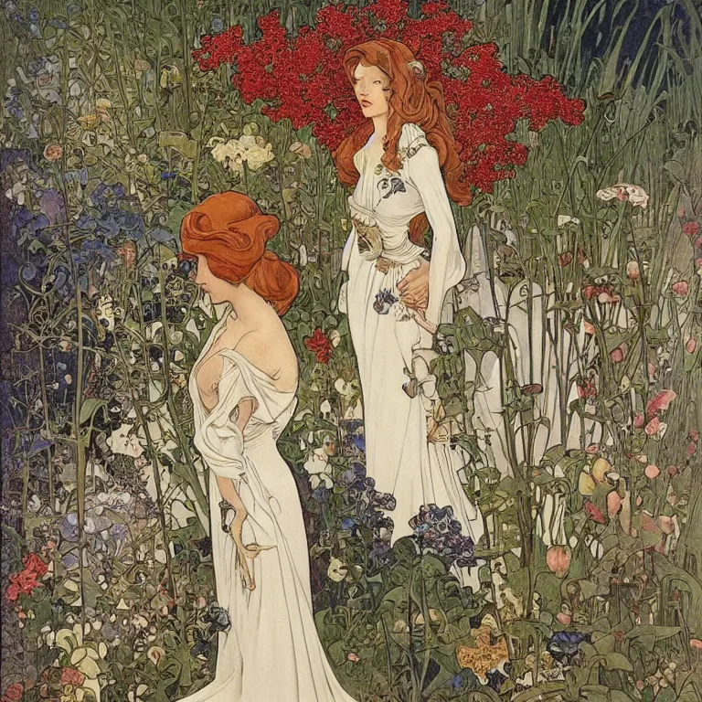 Image similar to A woman stands back in a white dress, blonde with red lips, she is wrapped in ivy and flowers, next to her is a robot man Anton Pieck,Jean Delville, Amano,Yves Tanguy, Alphonse Mucha, Ernst Haeckel, Edward Robert Hughes,Stanisław Szukalski and Roger Dean