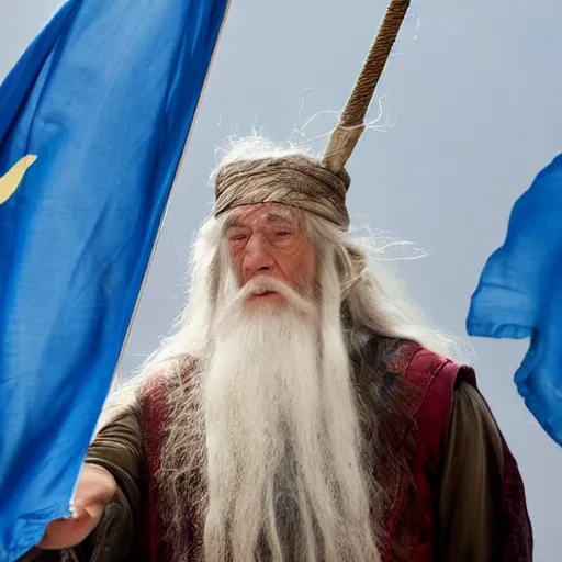 Prompt: gandalf carrying the guatemalan flag