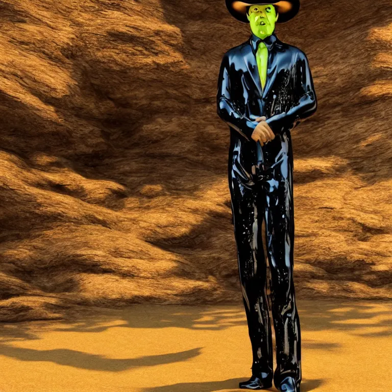 Prompt: octane render portrait by wayne barlow and carlo crivelli and glenn fabry, a man wearing a shiny black latex suit and cowboy hat covered in colorful slime, standing in a scenic western landscape, cinema 4 d, ray traced lighting, very short depth of field, bokeh