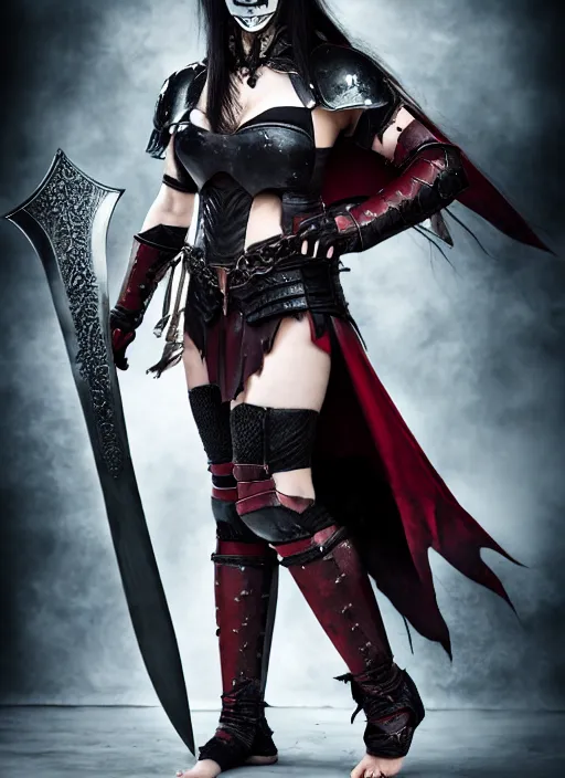 Image similar to female vampire warrior, full body portrait, realistic, sharp teeth, grinning, muscular, flying, barefoot, exposed feet, black full plate armor, historical armor, covered chest, metal mask, huge two - handed sword, claymore, ghostblade, wlop, asian fantasy.