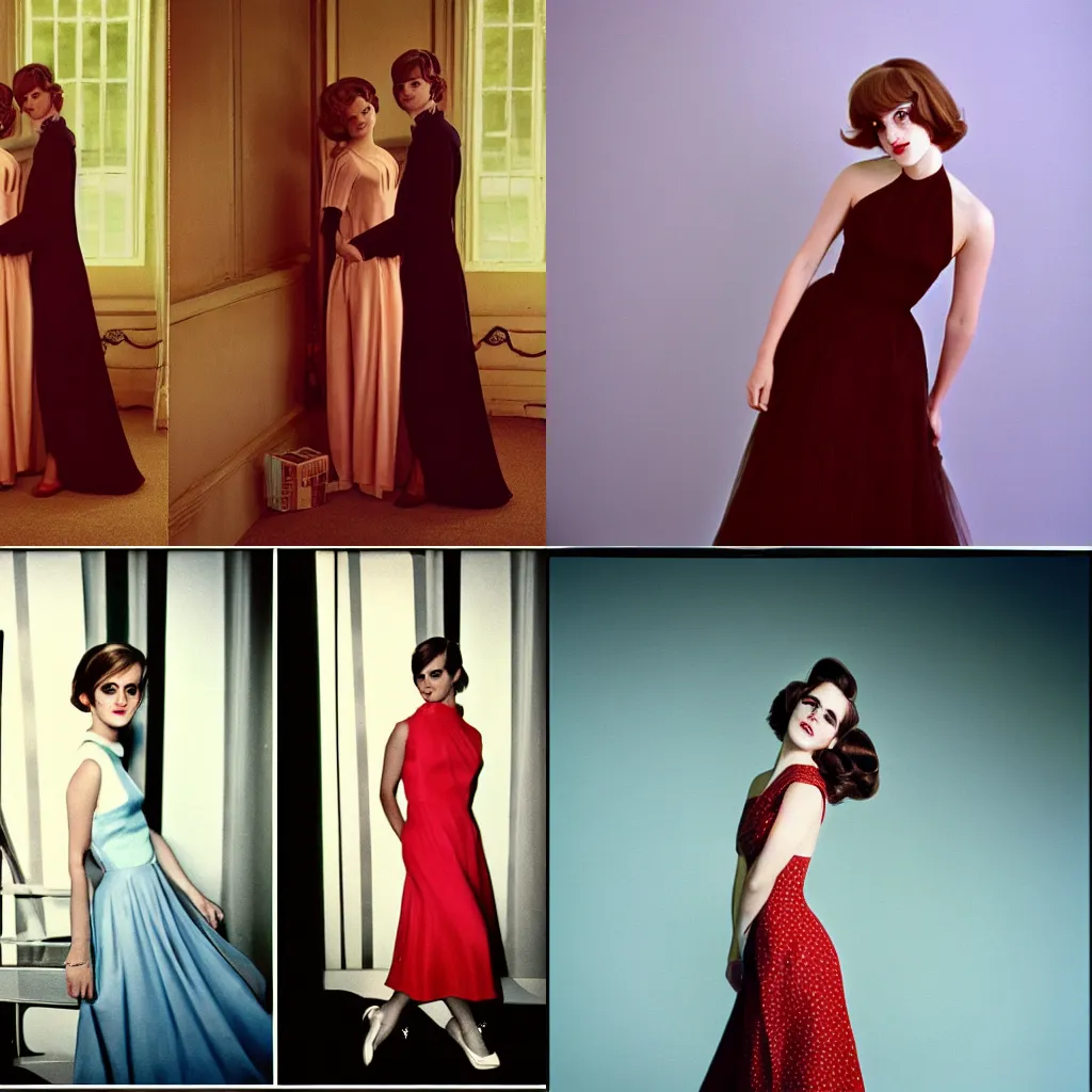 Prompt: Retro photography 1960s fashion photoshoot of Emma Watson in gown Cinestill 800T, 1/2 pro mist filter, and 65mm 1.5x anamorphic lens W- 704