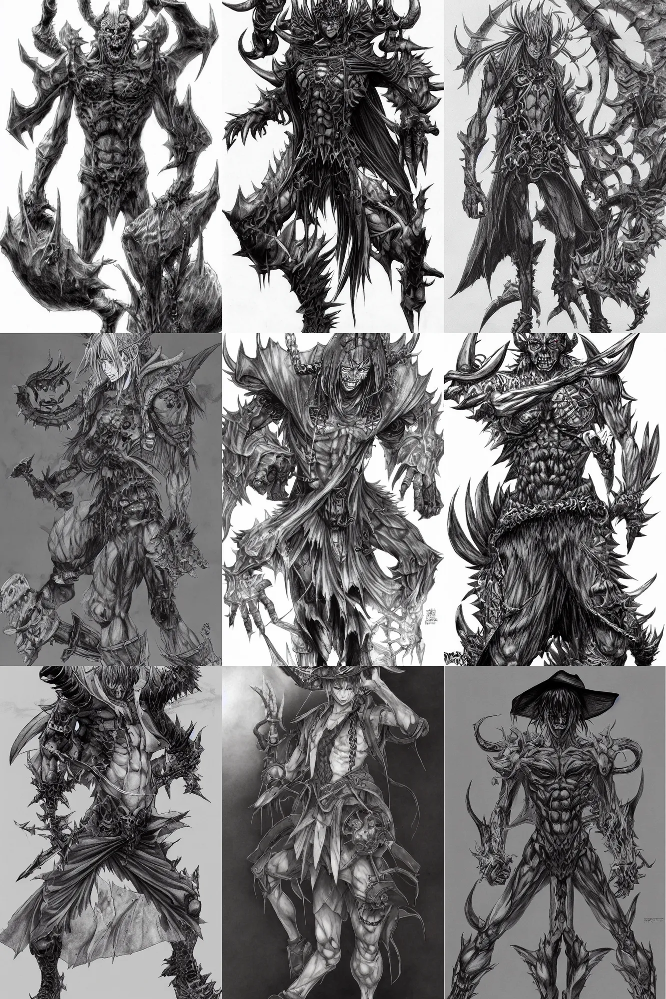 Prompt: a full body shot of a demon necromancer by Takeshi Obata,direct gaze,wears shorts, wears a destroyed hat ,highly detailed,artstation,pencil at on paper.manga