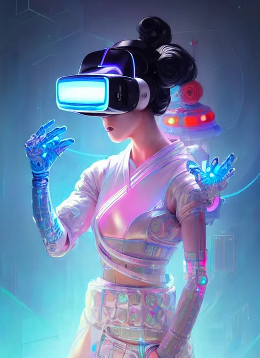 Image similar to portrait of female japanese android wearing a vr headgear and in an elaborate kimono dress, hologram hovering around her, intricate detail, cyber neon lighting, highly detailed, beautiful wide angle photography, artstation, glamor pose, concept art, art by peter mohrbacher, pinterest, artstation,