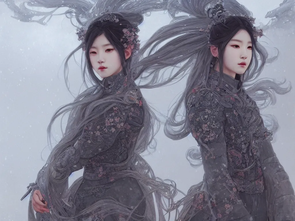 Image similar to portrait jisoo blackpink, grey hair armored samurai clothes, in japanese temple stormy snowy sunrise, ssci - fi and fantasy, intricate and very very beautiful and elegant, digital painting, artstation, concept art, smooth and sharp focus, illustration, art by tian zi and wlop and alphonse mucha