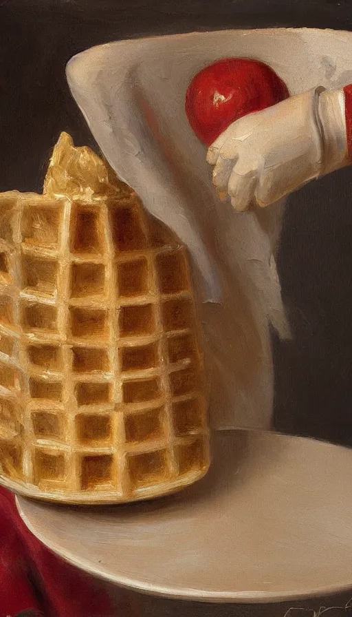 Prompt: still life painting of a hand holding a waffle cone containing 3 scoops of italian gelato by Peder Krøyer, golden hour, dramatic lighting, intricate detail, canvas print, 4k