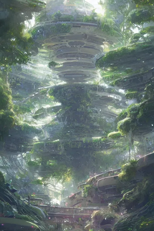 Prompt: portrait of cascading multi level botanical garden spaceship, illustration, concept art, anime, key visual, trending, pixiv, fanbox, by wlop, greg rutkowski, makoto shinkai, studio ghibli, kyoto animation,