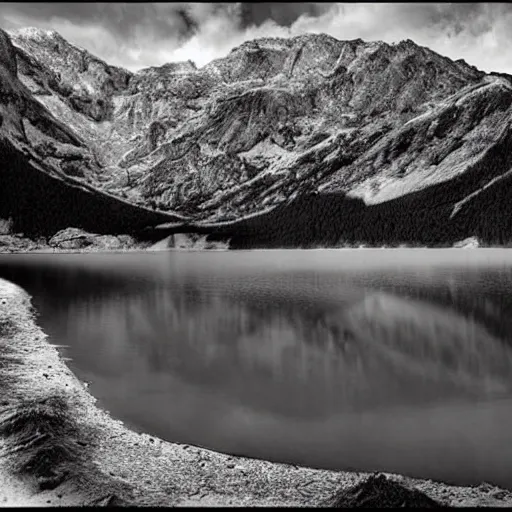 Prompt: lago di sorapis, hyper - realistic black and white drawing, hyper detailed