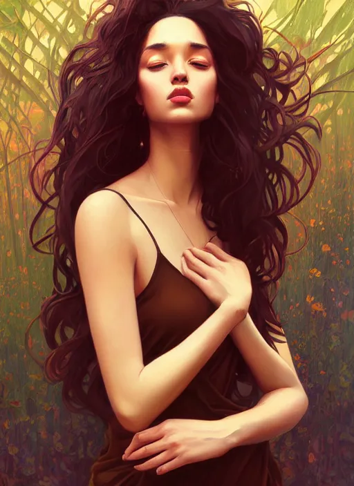 Image similar to handsome black young women with shoulder length brown hair, half body shot, path traced, highly detailed, high quality, digital painting, alena aenami, lilia alvarado, shinji aramaki, karol bak, alphonse mucha, tom bagshaw