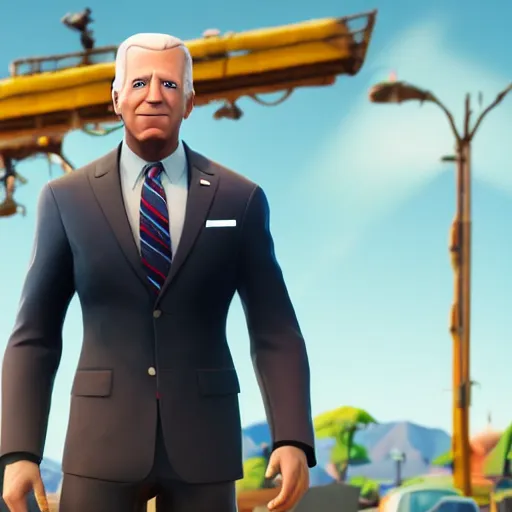 Image similar to screenshot of Joe Biden in fortnite, high quality, 3d render, octane render, highly detailed, pose