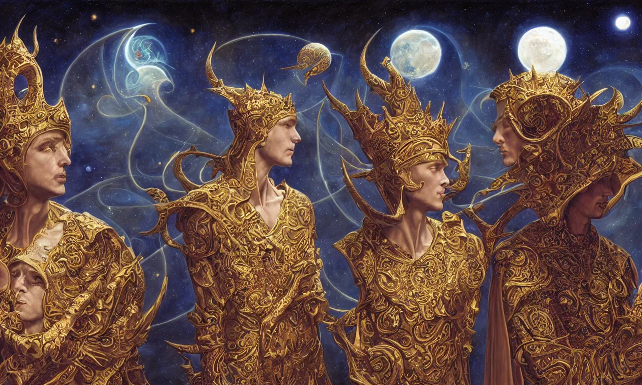 Prompt: sun king and moon prince in the cosmic court of mystical astronomy, art by james c. christensen and gerald brom