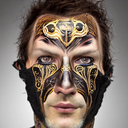 Image similar to an award finning closeup facial portrait by akseli kallen gallela luis rogyo and john howe of a bohemian male cyberpunk traveller clothed in excessively fashionable 8 0 s haute couture fashion and wearing ornate art nouveau body paint