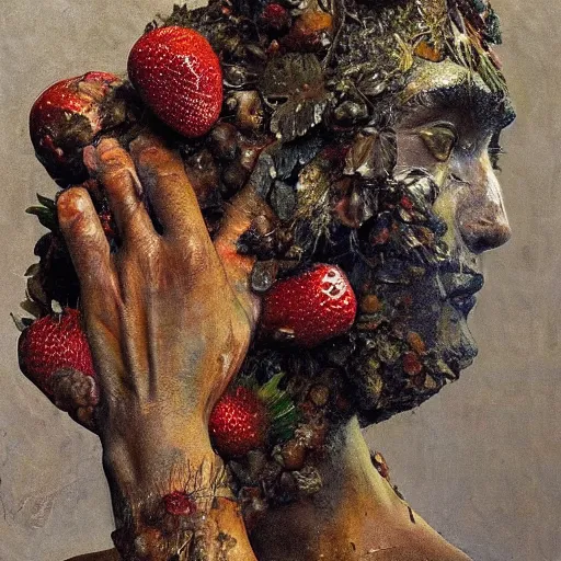 Image similar to a sculpture portrait made of kiwi and strawberries and mud and plants, painting part by wojciech siudmak, part by ilya repin, part by max ernst, part by norman rockwell, artstation