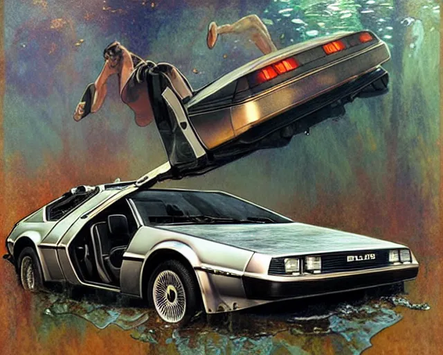 Prompt: delorean rusting submerged under water, cinematic, photoreal, by greg rutowski, by alphonse mucha, by stanley artgerm