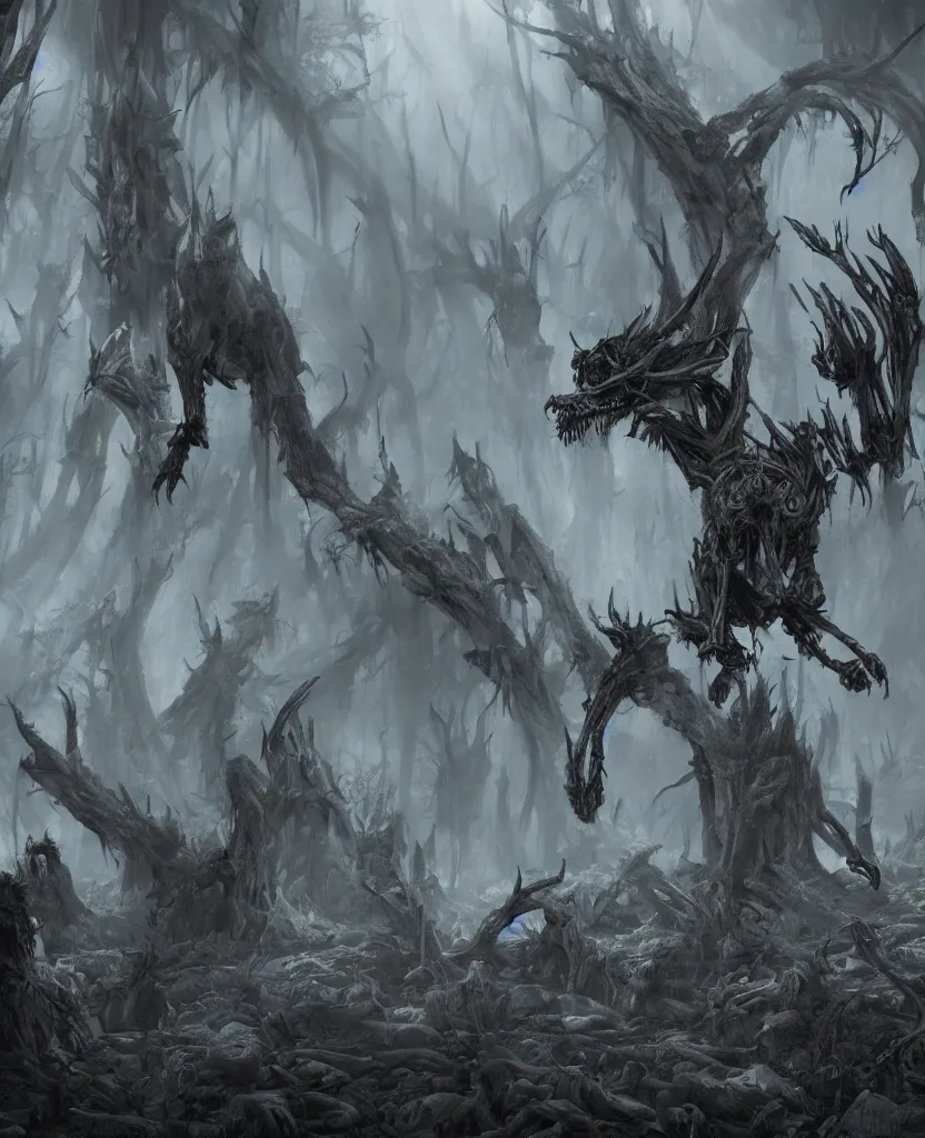 Prompt: concept art of a demon hound on a forest made of corpses, big trees, skeletons, epic painting, dark concept art, octane render, extremely detailed