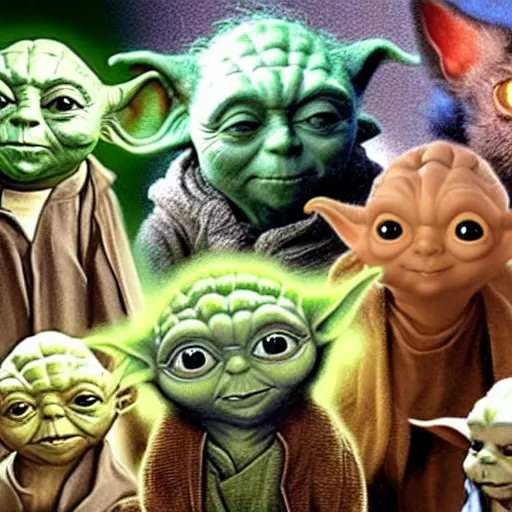 Image similar to Yoda surrounded by other members of his species