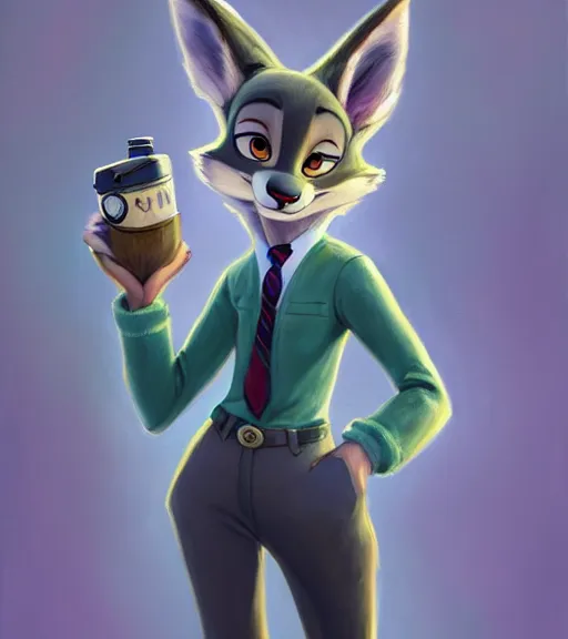 Image similar to oil painting of full body of anthromorphic female wolf, in style of zootopia, zootopia, zootopia, fursona, furry, furaffinity, 4 k, deviantart, furry art, fursona art, wearing black business suit, business suit, in style of zootopia, wolf fursona, cyberpunk, female, expressive detailed feminine face,