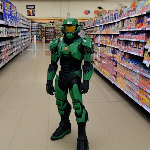 Image similar to master chief standing in a walmart