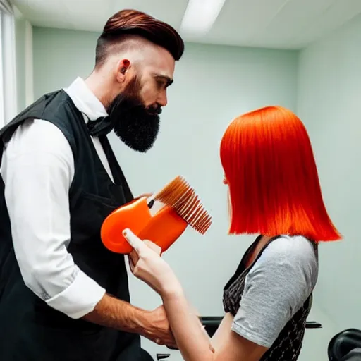 Prompt: photo of a barber man with a dark well groomed beard giving a haircut to a slender attractive woman has long straight red orange hair. The woman is feeding a baby