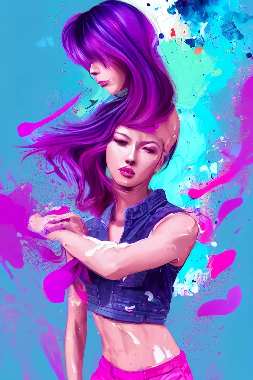 Image similar to a award winning half body portrait of a beautiful woman in a croptop and cargo pants with ombre purple pink teal hairstyle with head in motion and hair flying by artgerm, paint splashes, splatter, outrun, vaporware, shaded flat illustration, digital art, trending on artstation, highly detailed, fine detail, intricate