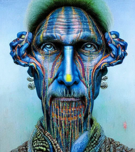 Image similar to Portrait painting in a style of Beksinski mixed with Alex Grey of an old shaman dressed in a colorful traditional clothes. Symmetry