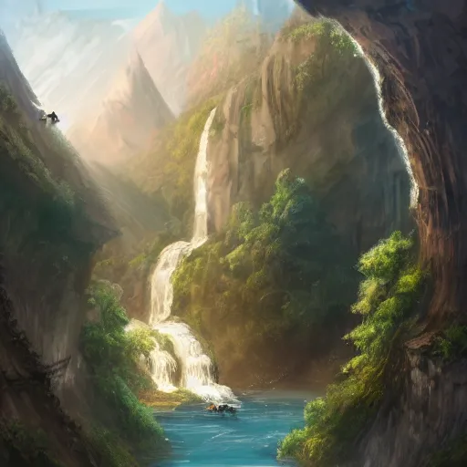 Prompt: beautiful landscape with waterfalls and mountains. in the sky, there is a web of golden string. intricate, elegant, highly detailed, digital painting, artstation, concept art, smooth, sharp focus, illustration