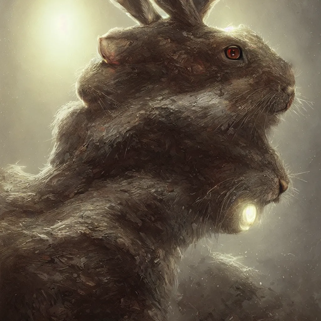 Image similar to hare with glowing white eyes, hyperdetailed, artstation, cgsociety, by greg rutkowski, by Gustave Dore