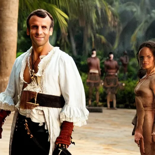 Image similar to photo of emmanuel macron in pirates of the caribbean movie, full body shot, sharp focus, award - winning