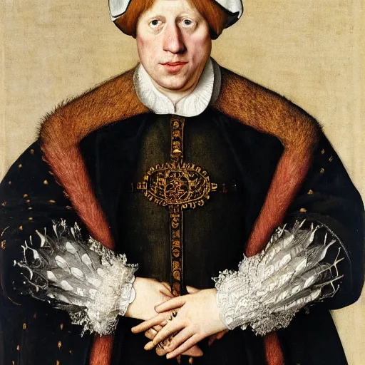 Image similar to A royal portrait of the King of England Boris Johnson, painted by Hans Holbein, British Museum, 16th century art