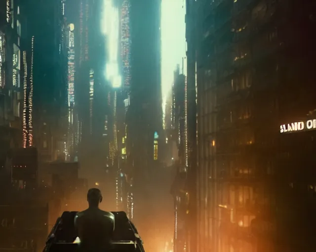 Image similar to 2 0 1 8 blade runner movie still man looking at the cityscape from roof, neon, back of body and head