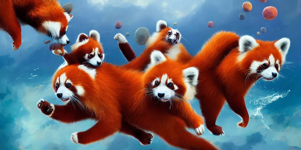 Prompt: Floating fantasy red pandas having fun over a blue ocean, Darek Zabrocki, Karlkka, Jayison Devadas, Phuoc Quan, trending on Artstation, 8K, ultra wide angle, pincushion lens effect.