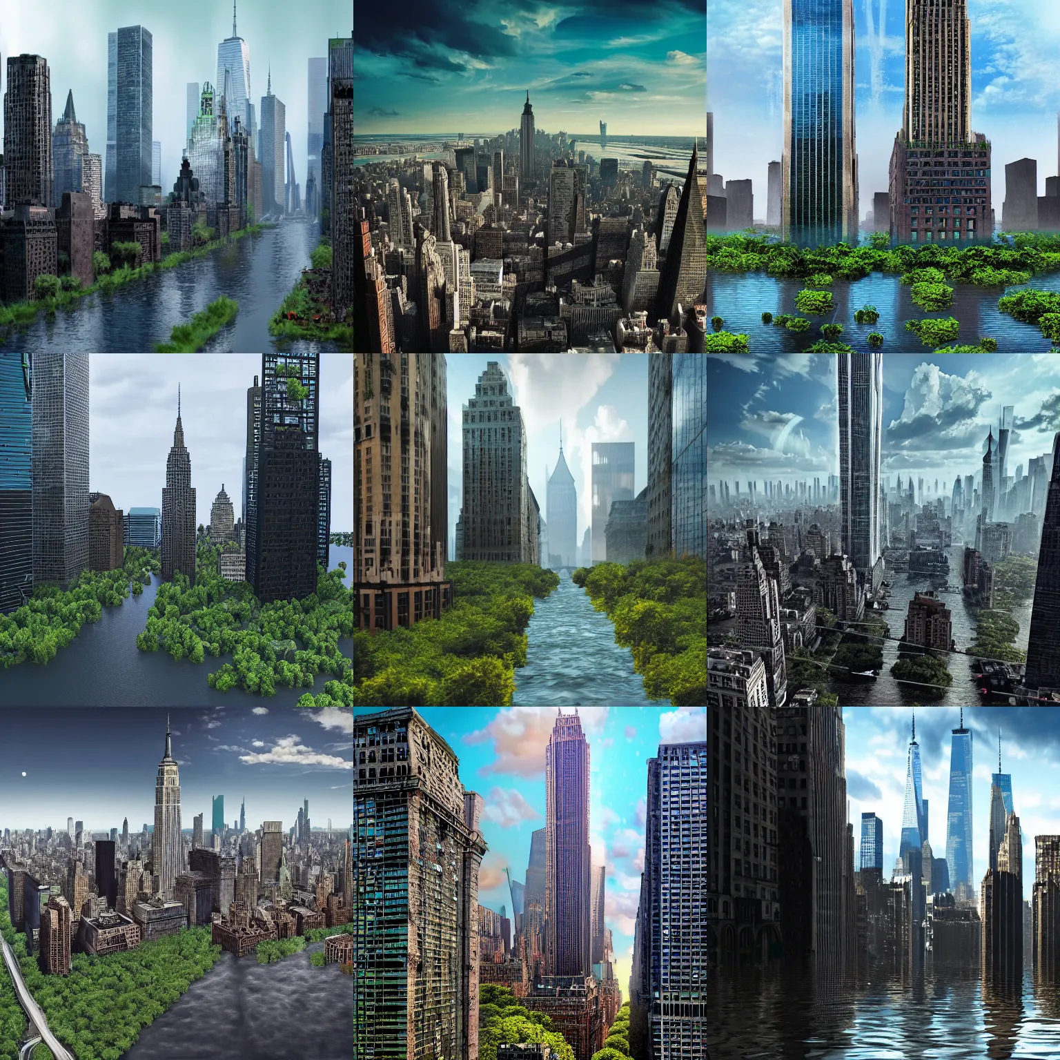 Prompt: ruination flooded new york city in the year 3100, skyscrapers, vegetation growing back onto buildings, life after death, hyper-realistic, photorealistic, 8k, F5.6, highly detailed, skycrapers, alone