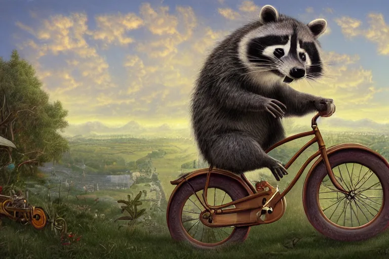 Image similar to highly detailed matte painting of a happy raccoon riding a bicycle by mark ryden, lowbrow, 8 k resolution.