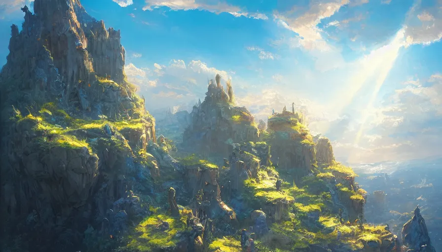 Prompt: a beautiful painting of a crystal castle set on top of a cliff, sun shining light rays thorugh the clouds, andreas rocha, greg rutkowski, trending on artstation, blue color scheme