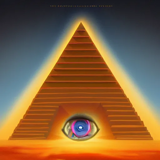 Image similar to the all seeing pyramid!! eyes watching over all of humanity and history and time and space, concept art, digital painting, trending on artstation, illustration, matte painting,