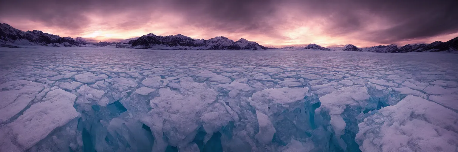 Image similar to amazing landscape photo of A (gigantic) monster trapped under the ice transparent frozen lake at sunset by marc adamus beautiful dramatic lighting