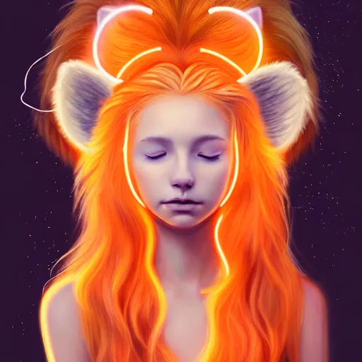 Image similar to Portrait of a girl angel with pale orange colored frizzy strands of illuminated hair, cat ears on her head, glowing halo, Lion's Mane, Cosmic, Lion's Gate, 8/8, fantasy, intricate, elegant, highly detailed, digital painting, artstation, concept art, smooth, sharp focus, illustration, art by Krenz Cushart and Artem Demura and alphonse mucha