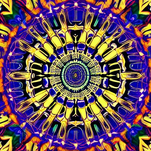 Image similar to A detailed mandala with symmetrical patterns, creating a hypnotic effect, digital painting, pixiv, concept art, 3d, by Simon Cowell, Ricardo Ow and Tom Cross