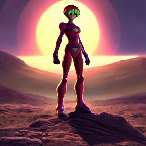 Image similar to Samus Aran standing on a desolate planet, Pixar movie still, official media, 4k HD, by Bill Pressing