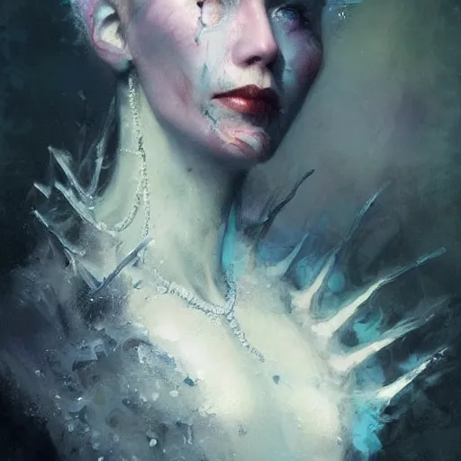 Image similar to !dream Thermalcore a demonic Frosty whilst wearing Crown Of Ice lawyer Jenny Frankino portrait portrait Face eyes Wearing Snickerdoodles on her Calves in July Intaglio Brushstrokes by tom bagshaw Anato Finnstark Ismail Inceoglu