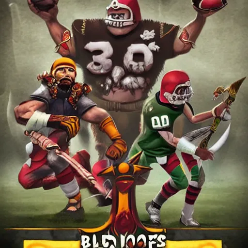 Image similar to blood bowl game finals poster, elves versus humans, nfl style, high quality